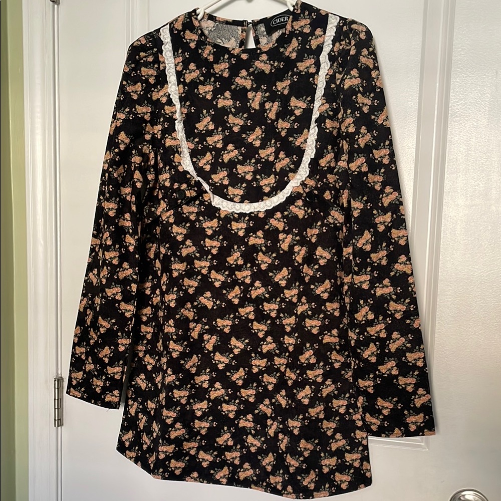 Cider Black Floral Mini Dress Corduroy Cottagecore